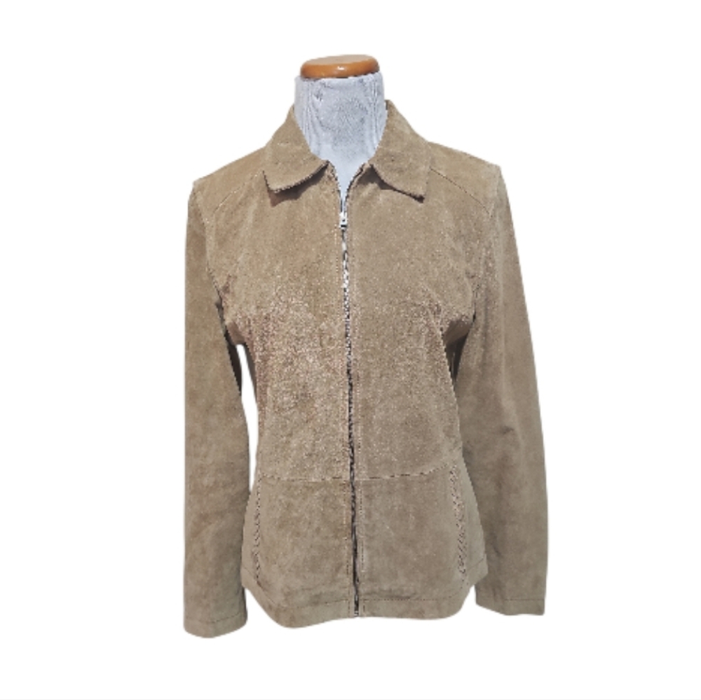 Tan Suede Leather Zip up Fitted Jacket Sz M EUC